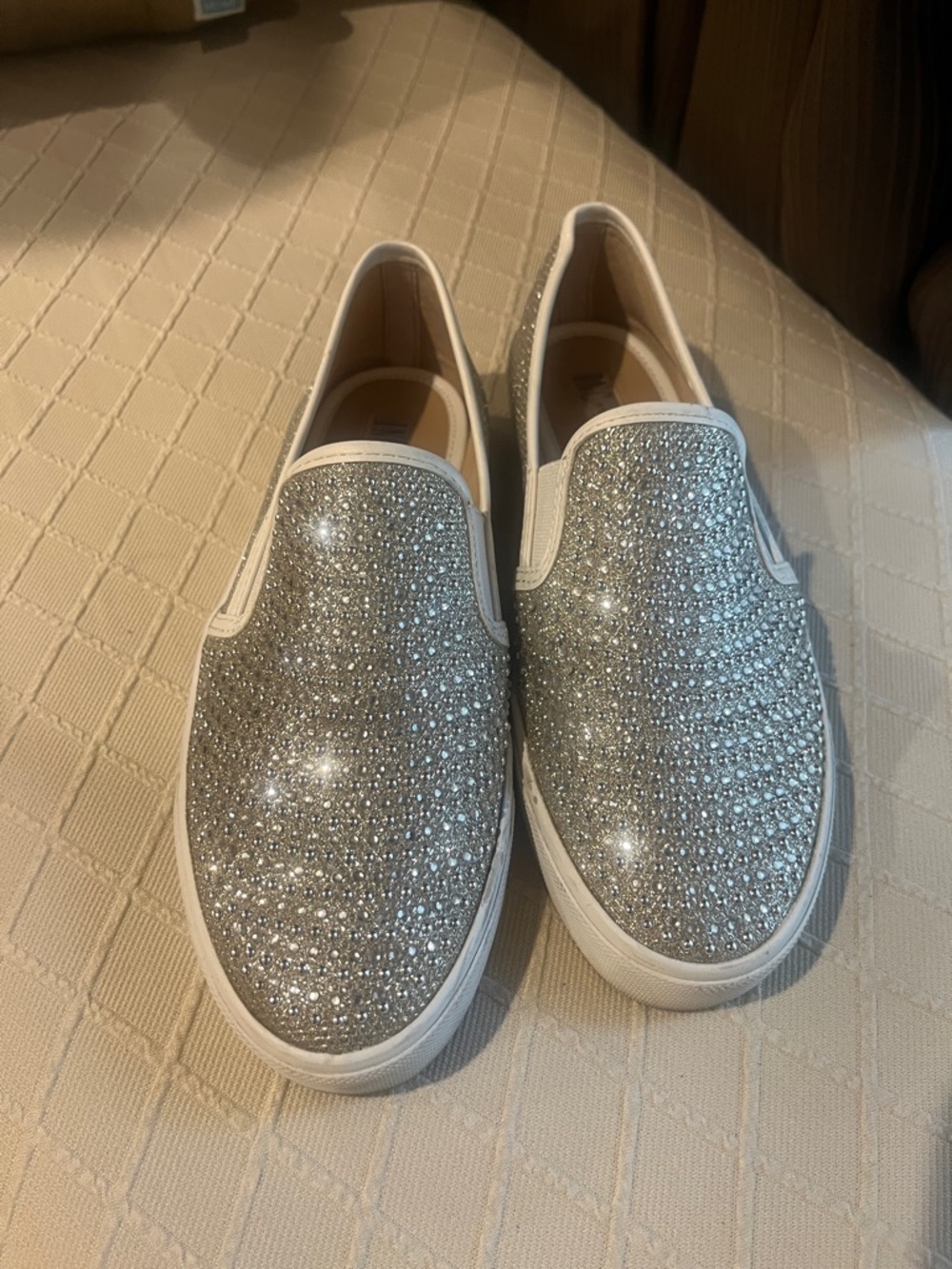 INC International Concepts Silver Crystal Slip-Ons with White Trim